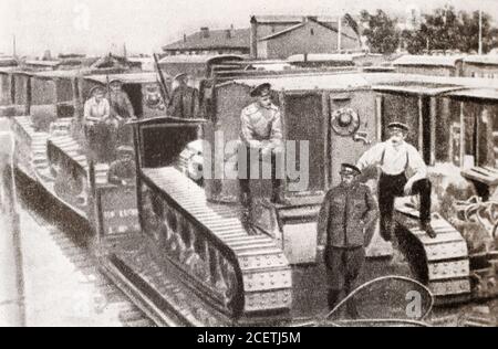 British armored tractors sent to Denikin. Photo of 1919. Stock Photo