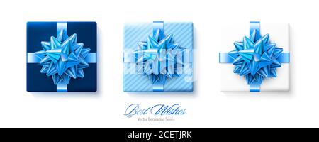 Set of gifts boxes with blue bows and ribbons isolated on white background Stock Vector