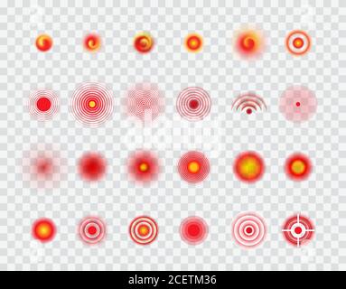 Pain localization circles, target vector icons set. Red rounds, ache symbols collection. Pain marks isolated pack on transparent background. Ache place, painkiller radial sign illustrations Stock Vector