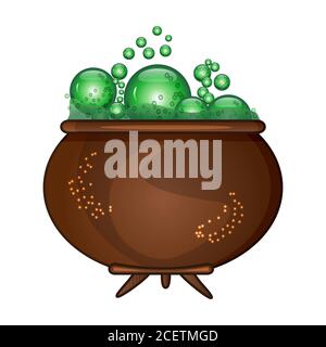 Halloween witches cauldron with green potion and bubble isolated on white background. Brown pot with witches magic broth. Stock vector illustration Stock Vector