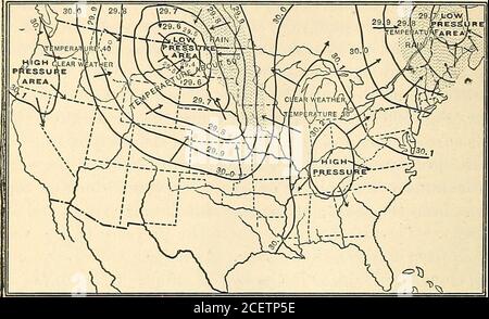 . A complete geography. n through a cyclonic storm to show the immense area of clouds and rain A ,•....^^^^t-^^• ^ *^^ ^^^^^^ ^i-- TrdrcLTof tht wTnds- Fig. 305); and it is during these storms that most of the rain ofnortheastern United States and Canada comes. Instead of remaining in one place, the cyclonic storms steadilytravel onward, usually beginning in the northwest and always pass-ing eastward (Fig. 307). The paths followed by the storm centresgenerally pass over the Great Lakes, down the St. Lawrence Valleyto the ocean. They move eastward because the prevailing westerliescarry them alo Stock Photo