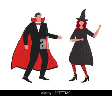 Halloween party. People in Halloween costumes are dancing and having fun. There are witch and vampire in the image. Vector illustration Stock Vector
