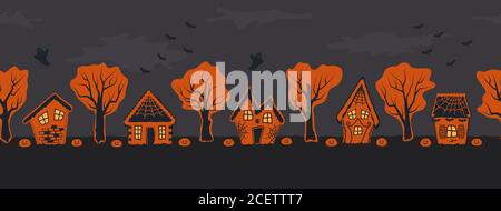 Halloween houses. Spooky village. Seamless border. Orange silhouettes of houses and trees on a black gray background. There are also bat and pumpkins Stock Vector
