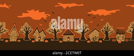 Halloween gingerbread houses. Spooky village. Seamless border. Silhouettes of houses and trees on an orange background Stock Vector