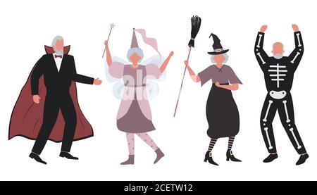 Halloween party. Elderly people in Halloween costumes are dancing and having fun. There is a witch, a vampire, a fairy and a skeleton in the image Stock Vector