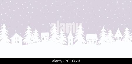 Winter village. Christmas background. Fairy tale winter landscape. Seamless border. There are white houses and fir trees on a purple background. Stock Vector