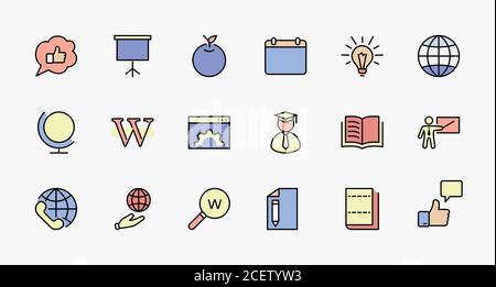 Wikipedia's birthday Set Line Vector Icon. Contains such Icons as Wikipedia, Open Book, Teacher, Blackboard, Pointer, Web Globe, Directory, Search Stock Vector