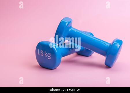 A pair of blue dumbbells on a blue background Stock Photo