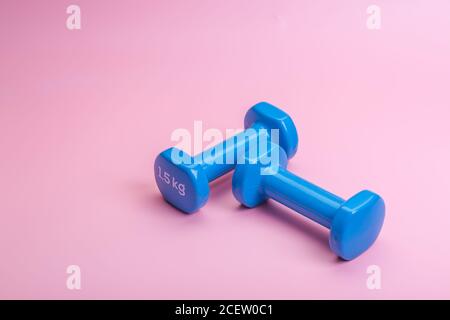 A pair of blue dumbbells on a blue background Stock Photo