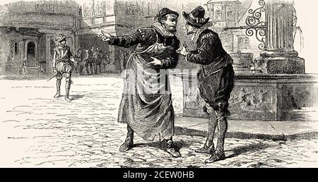 ACT II, SCENE I., Square in Brussels, Jetter and a Master Carpenter, scene from EGMONT by Johann Wolfgang von Goethe Stock Photo