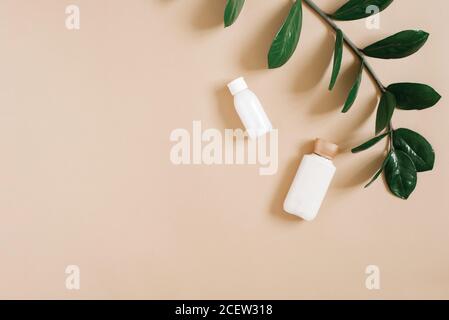 The concept of pure beauty and organic cosmetics for body care. Bottles of white cream lie on a beige background and a branch of a tropical plant. Cop Stock Photo