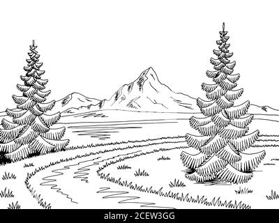 Mountain lake road graphic black white landscape sketch illustration ...