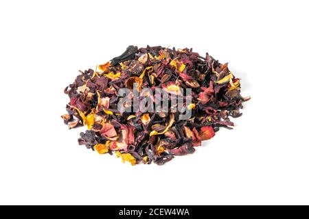 Bunch of dry hibiscus tea isolated on white background. Front views, close-up Stock Photo