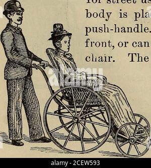 . A treatise on artificial limbs with rubber hands and feet ... No. 1353. No. 1354 represents an Invalid Rolling Chair. This chair isfor street use, to be pushed by an attendant. Thebody is placed on springs, and has a detachablepush-handle. The foot-board turns up against thefront, or can be used as a step when getting into thechair. The front wheels can be lifted from theground in passing over obstructions* 24 inches. 28. DIMENSIONS. Height of Back from Seat,Height of Back Wheels,Height of Front Wheels, . 13Height of Seat from floor, . 23 Height of Seat from Foot-board, 16No. 1354. Width of Stock Photo