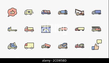 Truck Set of Transport Vector Line Icons. Contains such Icons as Truck, Transportation, Tow Truck, Cranes, Mixer, Garbage Truck, Manipulators Stock Vector