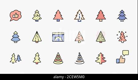 Christmas Tree thin line icon set. Stylized linear icons of artificial snow, spruce, present box fir. Editable Stroke. 32x32 Pixel Perfect Stock Vector