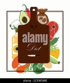 cutting Board and a set of products for the keto diet. Flat illustration with fat healthy foods for ketosis. Salmon, steak, avocado, vegetables, oil. Healthy ketogenic diet. Poster for advertising and familiarization with the keto diet. Stock Vector