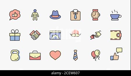 Father's Day Set Line Vector Icons. Contains such Icons as Mustache, tie, shirt, handshake, diplomat, hat, coffee, purse, gift, portfolio and more Stock Vector