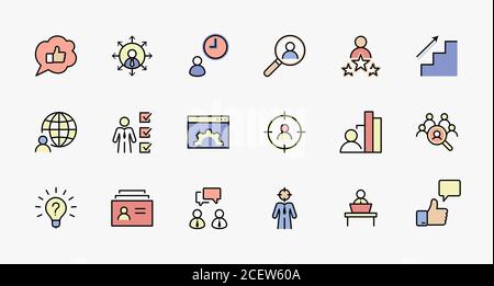 Set of Head Hunting Related Vector Line Icons. Contains such Icons as Career growth, Bulb, Candidate, Search, CV, Card Index, Outsource and more Stock Vector