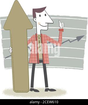 Retro style illustration of a businessman holding an arrow pointing up. Stock Vector