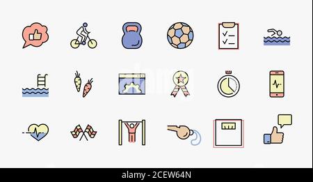 Set of Fitness Vector Line Icons. Contains such Icons as Cycling, Kettlebell Sport, Soccer Ball, Heartbeat, Workout, Stopwatch, Timer, Diet Plan Stock Vector