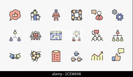 Set of Team Work Related Vector Line Icons. Contains such Icons as Handshake, Check, Idea, Coffee, Gears, Cooperation, Collaboration, Team Meeting and Stock Vector