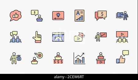 Set of Business Training Related Vector Line Icons. Contains such Icons as Teacher, Class, Presentation, Video, Book, Mentoring, Target and more Stock Vector