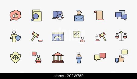 Set of Law and justice Vector Line Icons. Contains such Icons as weapon, arrest, authority, courthouse, gavel, legal, weapon and more. Editable stroke Stock Vector