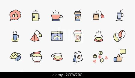 Set of Coffee and Tea Vector Line Icons. Contains such Icons as Cup of Tea, Teabags, Coffee beans and Green Tea Leaves, a pitcher of Water, Sugar Stock Vector