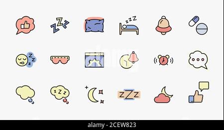 Sleep Vector Line Icons Set. Contains such Icons as Alarm Clock, Bed, Insomnia, Pillow, Sleeping Pills, Bell, Glasses for sleep, Bubble and more Stock Vector