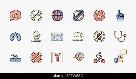 International No Tobacco Day Set Line Vector Icons. Contains such Icons as Lungs, Cigars, Cigarettes, Smoking, Globe, smoking Cessation and more Stock Vector