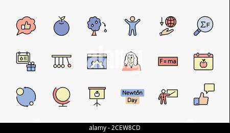 Newton's Day Set Line Vector Icon. Contains such Icons as Newton, Laws of physics and gravity, Flying Apple, Calendar, Teacher, blackboard and Stock Vector