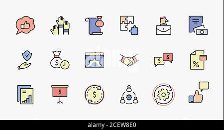 Set of Business Cooperation Vector Line Icons. Contains such Icons as Puzzle, Partnership, Money, Handshake, Dollars, Team, Synergy, Work, Interaction Stock Vector