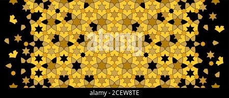 Black golden premium arabesque vector seamless pattern. Geometric halftone texture with disintegration Stock Vector