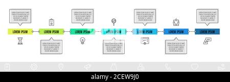 Vector infographic design with 7 boxes with arrows and icons. Flat template used for flowchart, info graph, timeline, content, levels, chart, processe Stock Vector