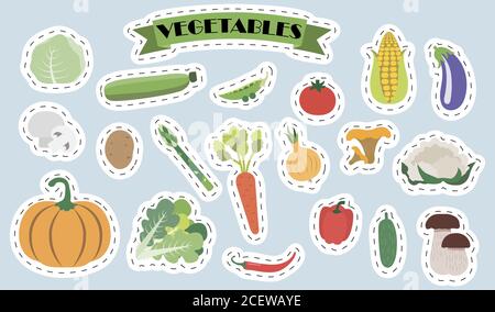 Set of flat vector mushrooms and vegetables. Bright stickers with the image of cute summer vegetable products in cartoon style. A set of isolated healthy food products. Illustrations for a grocery store, banner, gardening, restaurant, or menu. Stock Vector