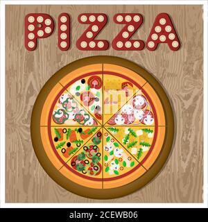 Flat illustration of assorted pizza on a wooden platter. Vector illustration of a round pizza divided into different pieces. Vegetarian pizza, salami, salmon, chicken, cheese and mushrooms. Poster for menu, advertising, delivery, smartphone app, or website. illustration of tasty pizza Stock Vector