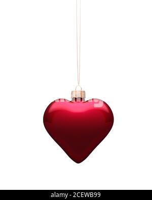 Glossy burgundy red heart Christmas ornament. Bauble hanging on golden cord. Isolated on white background. Christmas decoration, festive atmosphere co Stock Photo