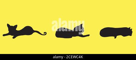 Collection silhouette three black small, funny, playful kitten, Stock Vector
