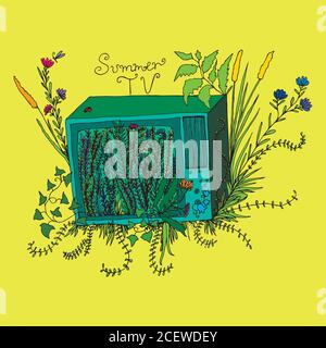 Funny art illustration,TV overgrown with grass,flowers,foliage,i Stock Vector