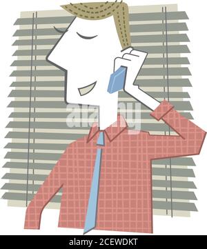 Retro style illustration of a businessman talking on the phone in front of a venetian blind. Stock Vector