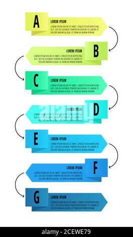 Vector infographic design with 7 rectangles with arrows. Flat template used for flowchart, info graph, timeline, content, levels, chart, processes Stock Vector