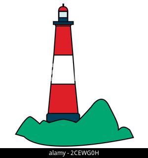 Red white, flat Lighthouse on the island, isolated. Stock Vector