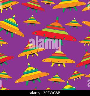 Flying saucers, colorful colors, seamless alien spaceship patter Stock Vector