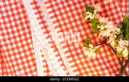 Kitchen concept background red white lace checkered italian tablecloth apple blossom flat lay Pizza time top view banner Stock Photo