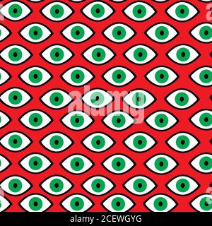 Green eye witch, halloween,psychedelic seamless pattern, red ba Stock Vector