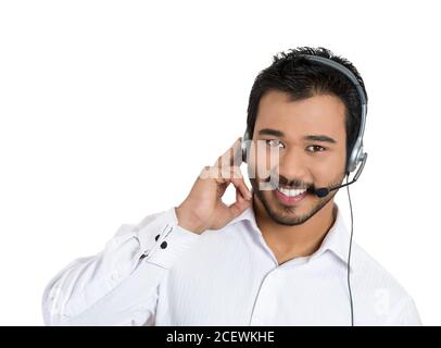 Closeup portrait of male customer service representative or call centre worker or operator or support staff speaking with head set, isolated on white Stock Photo
