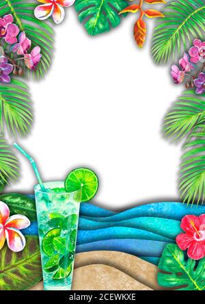 Abstract summer watercolor sea wave, sand beach, tropical plants, mojito cocktails background. Hand drawn paper waves, seacoast for invitation, poster Stock Photo