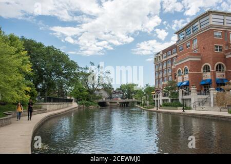 Naperville, Illinois, United States-April 24, 2014: riverwalk path along the DuPage River in Naperville, Illinois Stock Photo