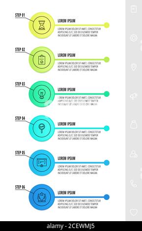 Infographics circles with 6 steps, icons. Flat line vector template. Can be used for six diagrams, business, web, flowchart, info graph, timeline Stock Vector